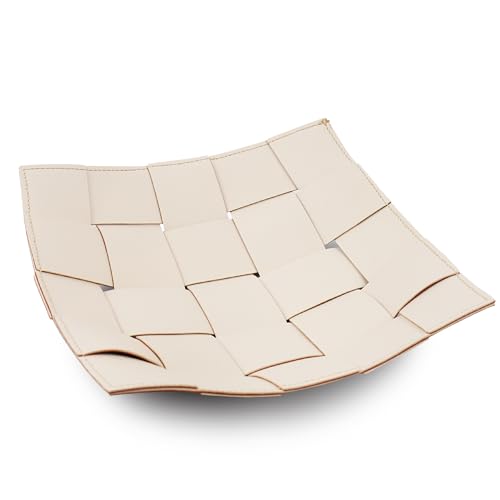 PU Leather Valet Tray for Men, Key Bowl for Entryway Table, Bedside Nightstand Desk Catchall Storage Organizer Tray, EDC Dump Tray for Wallet, Keys, Coin, Jewelry(1-Beige Brown)