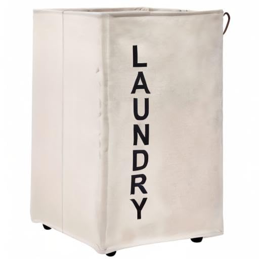 92L Large Laundry Hamper with Leather Handle,Standable Laundry Basket with Wheels ,Large Hamper,Rolling Laundry Basket White - color: Beige/XXL, size: Super Large 27.5"
