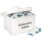 AuldHome Design Dishwasher Pod Holder, Tablet Container; White Enamelware Rustic Kitchen Storage Tin w/ Lid