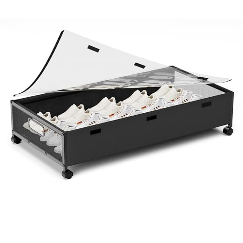 KITHELP Under Bed Storage Containers with Wheels, Underbed Shoe Storage Organizer with Removable Lids, Large Rolling Under Bed Storage Dresser Drawers for Clothes Toys Shoes Blankets - color: Black-1pack