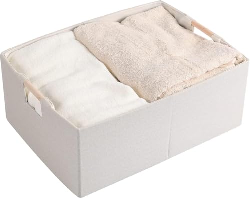 Fabric Storage Bin Box Foldable Cotton Linen Storage Basket with Wooden Handles Rectangular Cube Decorative Home Laundry Organizer Clothes Blanket Container – Beige, Medium - color: Beige, size: Medium