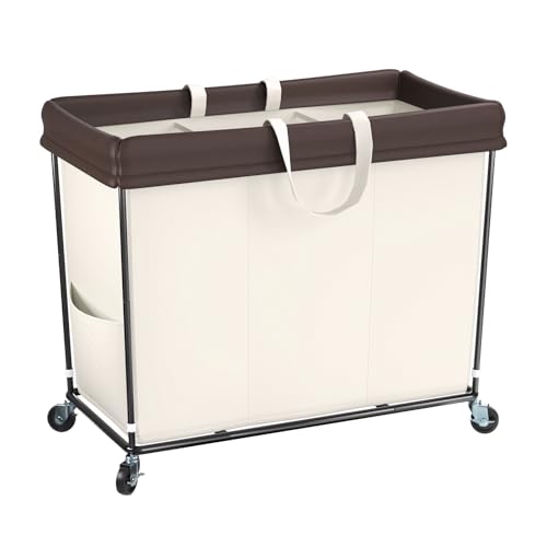 Mefirt 320L Laundry Hamper with Wheels, 3 Section Large Rolling Laundry Basket Bag with Wheels, Clothes Hamper Cart for Laundry, Bedroom, Bathroom and Dorm - color: beige-3 section, size: 320L