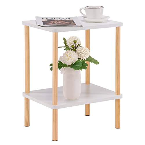 Apicizon 2 Tier End Table, Small Side Table with Solid Wood Legs, Boho Bedside Table with Storage Shelf, Nightstand for Small Spaces, Bedroom, Living Room, Entryway, Easy Assembly, White+Natural - color: White+natural, size: 1 Set, style: 2 Tier