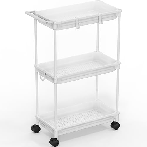 SimpleHouseware Standard 3-Tier Slim Rolling Storage Cart, White - color: White