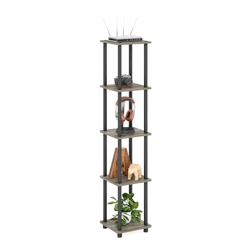 FURINNO Turn-N-Tube 5-Tier Corner Square Rack Display Shelf, Round, French Oak Grey/Black - color: French Oak Grey/Black, size: 5-Tier Round Tube