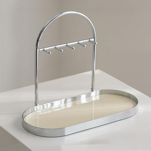 Shinpuru Metal Jewelry Organizer Stand & Key Holder Tray with Acrylic Base, Key Stand and Jewelry Tray with 5 Hooks, Perfect Key Bowl, Valet Key Tray, Ring Holder, Jewelry Dish (Silver Creamy) - color: Silver Creamy