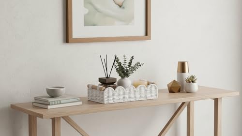 CubesLand Toilet Paper Storage Basket Organizer, Small Wicker Toilet Tank Top Decorative Baskets for Countertop, Handwoven Scalloped Basket w/handle for Home Decor, Living Room, Bedroom, White - color: White, size: S - 12.99"L x 6.3"W x 3.15"H