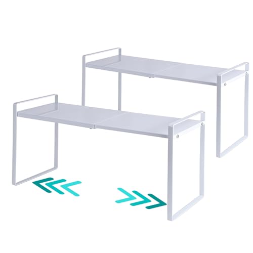 2 Pack Expandable Cabinet Shelf Organizer Riser for Kitchen Pantry Cupboard Under Sink Countertop (2 pack 8.2’’D * 12.2-21.6’’W * 10.4’’H) (white) - color: White, size: 8.2''D * 12.2-21.6''W * 10.4''H(2 Pack)