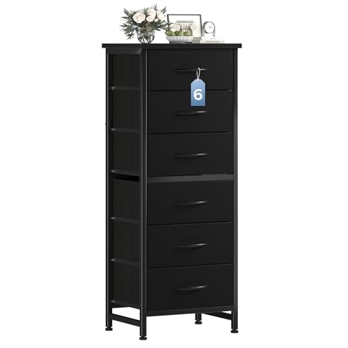 DUMOS 6 Drawers Dresser for Bedroom with Wheels, Fabric Storage Cabinet Organizer with Removable Fabric Bins, Sturdy Steel Frame for Living Room, Office, Entryway, Closets, Black - color: Black, size: 11.8"D x 15.7"W x 39.4"H (6 Drawers)