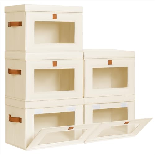 Homsorout Small Fabric Storage bins - Collapsible Storage Bins with Open Window, 5 Pack Closet Baskets for Shelves, Stackable Decorative Boxes for Home, Dorm, Beige, 13.7"x 9.8" x 9.8" - color: Beige, size: Small - 5 Pack