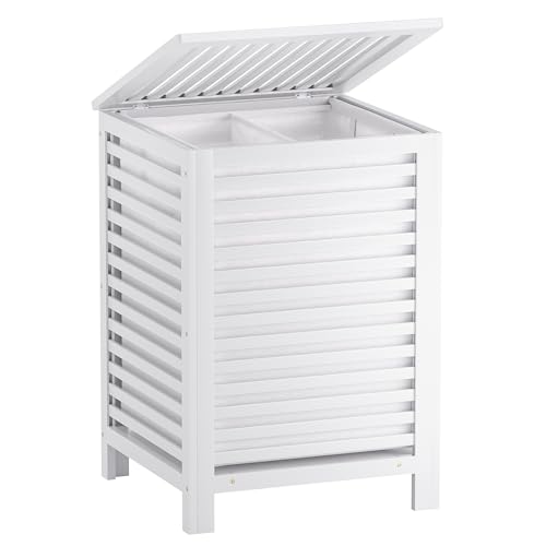 SMIBUY Double Laundry Hamper with Lid, 120L Bamboo Laundry Basket with Removable Liner Bag, 2-Section Clothes Divider Laundry Sorter for Laundry Room, Bathroom, Bedroom (White) - color: White