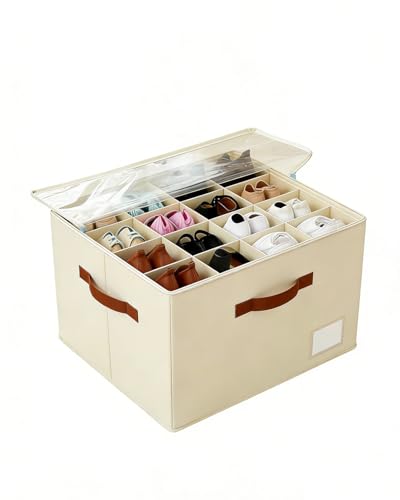 Shoe Organizer for Closet with Clear Cover, Fits up to 16 Pairs Foldable Shoe Storage Organizer Box Bin with Adjustable Dividers