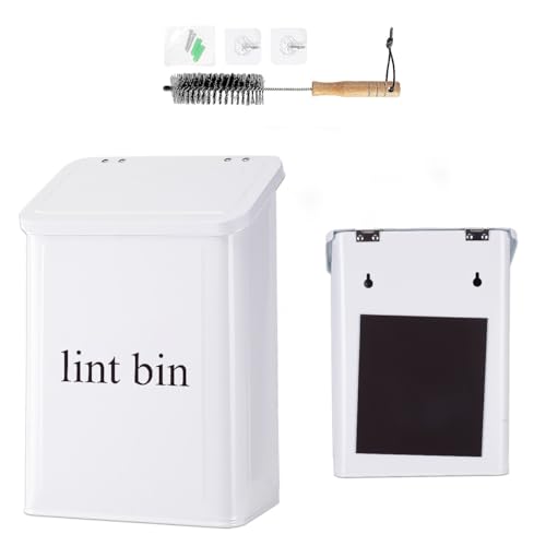 Magnetic Lint Bin with Lint Brush, Two White Hooks, one Black Back Side Hook & All Accessories for Laundry Room Decor, Wall-Mounted Lint Bin with Lid, White Powder Coated, Space-Saving Trash Can - color: White