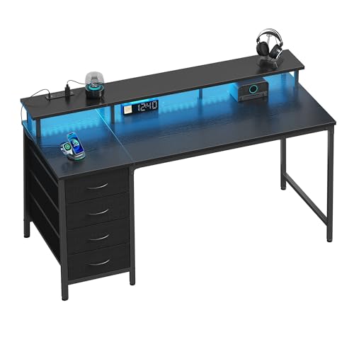 DUMOS Computer Desk with 4 Drawers,4 Drawer Gaming Desk with Power Outlets and LED Lights,Office Desk for Small Spaces with Monitor Shelf,Writing Desk for Home Office, Bedroom,Study 39 Inch Black - color: Black, size: 40-In