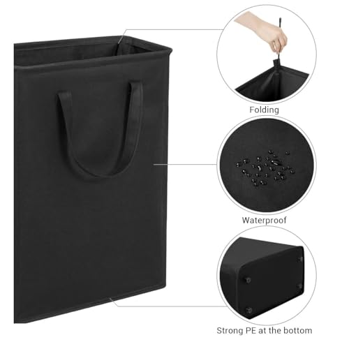 ZERO JET LAG Slim Laundry Hamper With Handles Collapsible Laundry Basket Thin Dirty Clothes Basket Narrow Laundry Bag Foldable Dirty Clothes Hamper 45L (24 inches,Black) - color: Black- With Handles