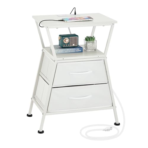 Nightstand with Charging Station, Side Tables for Bedroom with Built-in USB Side Table with 2 USB Ports and Outlets Nightstand with Cloth Drawer End Tables Living Room Sofa Couch - color: White With Socket