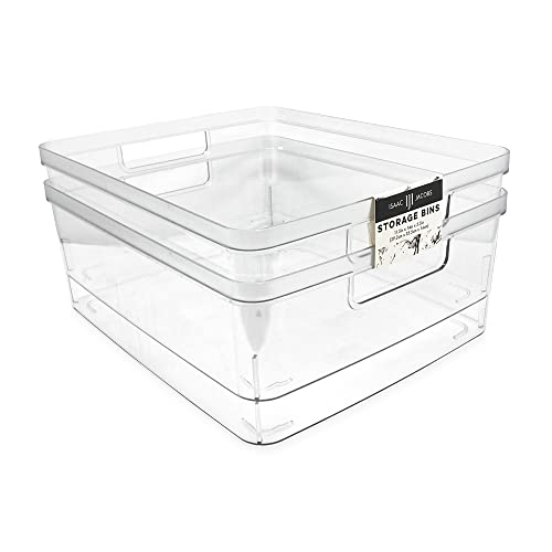 Isaac Jacobs 2-Pack Large Clear Storage Bins (11.5” L x 14” W x 5.5” H) w/Cutout Handles, Plastic Organizer for Home, Office, Kitchen, Fridge/Freezer, Bathroom, BPA Free, Food Safe (Large) - size: Large