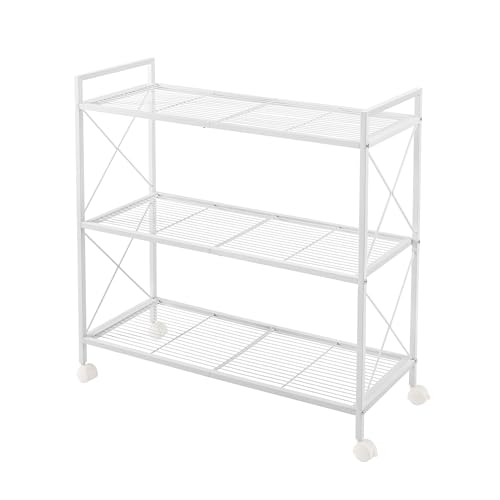 SONGMICS 3-Tier Metal Storage Rack with Wheels, Mesh Shelving Unit with X Side Frames, 31.5-Inch Width, for Entryway, Kitchen, Living Room, Bathroom, Industrial Style, White UBSC183W01 - color: White, size: 31.5"W
