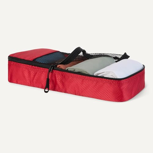 Amazon Essentials 4-Piece Space-Saving Packing Cubes Travel Accessories Set, Luggage Organizer with Double Zipper, Mesh Top, Polyester, Slim, Red (Previously Amazon Basics) - color: Red, size: 4 x Slim