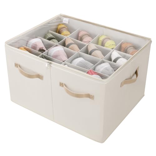 TOPIA HOME Shoe Organizer for Closet, Foldable Shoe Box with Adjustable Dividers and Clear Cover, Space Saving Shoe Storage Organizer Cabinet with Reinforced Handles, Fits 16 Pairs, Beige TP09Y - color: Beige, size: Large(20.87''L x 16.54''W x 13.5''H)