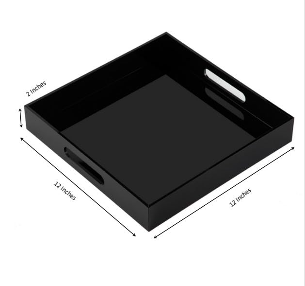 Glossy Black Sturdy Acrylic Serving Tray with Handles - 12x12 Inch Multipurpose Tray for Coffee, Appetizers, Breakfast, and More - color: Glossy Black, size: 12" x 12" x 2"