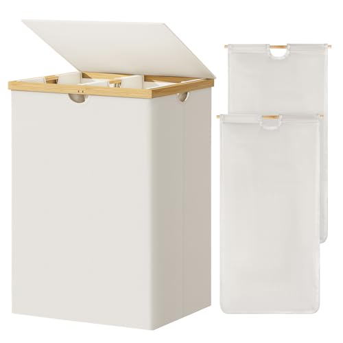 WOWLIVE 165L Double Laundry Hamper with Lid Bamboo Laundry Basket 2 Section,Large Dirty Clothes Hamper with Removable Bags, Laundry Bin Organizer Storage for Dorm,Bedroom,Bathroom,Beige - color: Beige, size: 165L (21.1 x 15.8 x 30.1 Inches)