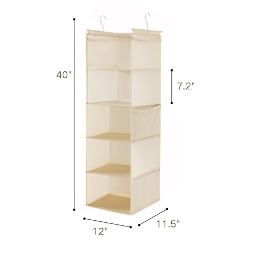 MAX Houser 5 Shelf Hanging Closet Organizer, Space Saver, Cloth Hanging Shelves with 4 Side Pockets, Foldable, Beige - color: Beige-6