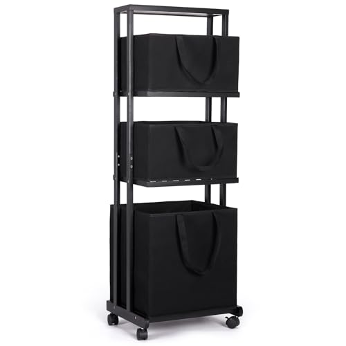 Homde Laundry Basket 3 Tier Bamboo Storage Shelf with Wheels Removable Storage Basket with Handle Freestanding Clothes Hamper Organizer for Bathroom Living Room Bedroom (Black) - color: Black
