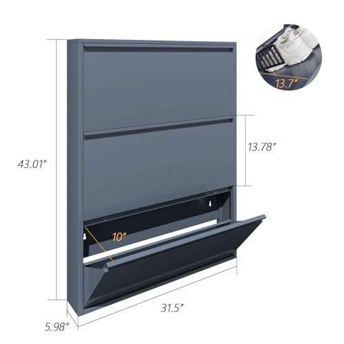 LUCYPAL Shoe Storage Cabinet with 3 Flip Drawers,Freestanding Organizer Metal Wall Shoe Cabinet for Entryway, Narrow Shoe Rack Cabinet for Living Room,Blue - color: Blue, size: 3 Flip Drawers