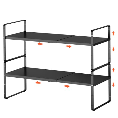 2Pack 16.5-27’’L Expandable Cabinet Shelf Organizers, Stackable Metal Shelves Extender for Kitchen Countertop Storage, Adjustable Spices Shelves Rack Stand for Cupboard Pantry, Black - size: 2Pack-Common-8''Wx(16.5-27'')Lx9.6''H-Black