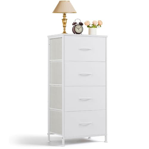 Nightstand, 4 Drawer Dresser End Table Bedside Furniture with Wooden Top Steel Frame Fabric Bins for Bedroom, Closet, Entryway, Dorm, Living Room, White - color: White, size: 11.8"D x 17.7"W x 37.4"H (4 Drawers)
