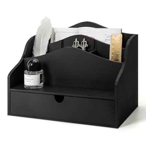 Rebee Vision Pine Wooden Mail Organizer for Desk - Modern Farmhouse Desk Organizer with Drawer & Dividers - 4-Slot Letter Sorter for Mail & Small Essentials - Office Organizer for Home Decor (Black) - color: A-Black