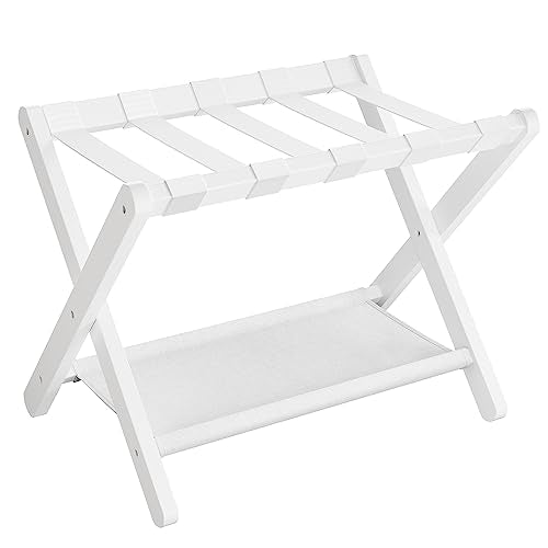 SONGMICS Luggage Rack, Folding Suitcase Stand with Storage Shelf, for Guest Room, Hotel, Bedroom, Heavy-Duty, Holds up to 131 lb, Classic White URLR007W01 - color: Classic White, size: 1 Pack