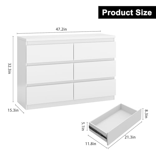 Jocoevol White 6 Drawer Dresser for Bedroom, 15.3" D x 47.2" W x 32.3" H in Simply Modern Chest of Drawers, Wood Storage Double Dresser with Deep Drawers for Living Room, Hallway Entryway, White - color: White