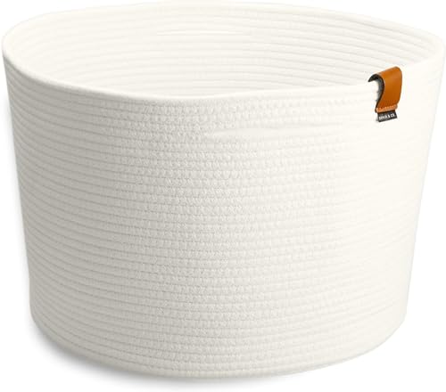 DENJA & CO Extra Large Blanket Basket for Living Room - White Farmhouse Woven Baskets for Storage | Cotton Rope Large Baskets for Blankets, Pillows, Toys, or Laundry | Ivory White (21" Wide x 13.8" Tall) - color: Ivory, size: Extra Large (21"W x 13.8"H)