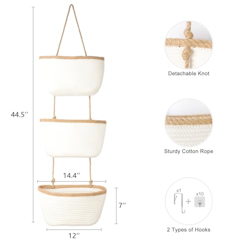 TeoKJ Over the Door Hanging Basket, 3-Tier Woven Cotton Wall-Mounted Storage Organizer Bag Decorative Hanging Nursery Baskets, White & Dark Brown - color: White & Dark Brown