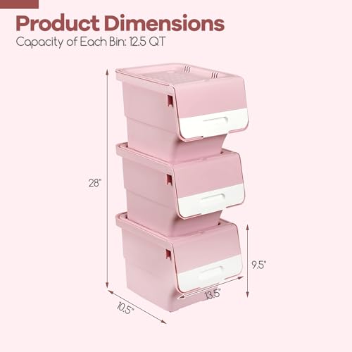 Giantex Plastic Stackable Storage Bins with Lids & Wheels, 3 Pack Open Front Stacking Bins, Organizer Bins for Pantry, Kitchen, Laundry, Closet, Playroom, Bedroom Organization (12.5 QT) - color: White + Pink, size: 3 Pack, 12.5 QT