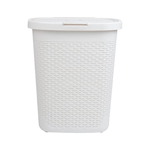 Mind Reader Slim Laundry Hamper with Lid, 50L Clothes Basket, Premium Wicker Design, Plastic, White - color: White