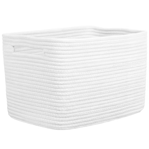 Storage Baskets for Organizing, 14 x 10 x 9” Closet Shelf Woven Baskets, Square Bins with Handles, Cotton Rope Basket for Toys, Clothes, Office, Room, White 1 Pack - color: White, size: 1pc