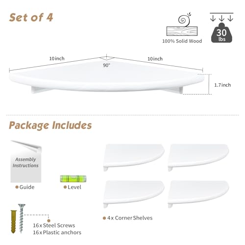 Forbena White Corner Floating Shelves for Wall Set of 4, Rounded Corner Shelves Wall Mounted for Kids Bedroom Books, Cute Wood Hanging Corner Shelf for Bathroom Decor, Living Room, Small Spaces - color: 1. White, size: 10" Depth