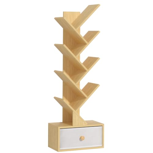 SHEEPAM 8 Tier Tree Bookshelf with Drawer, Free Standing Wood Bookcase for Narrow Space, Storage Organizer Bookshelves for Books, Book Case for Home Office, Living Room, Bedroom - Natural - color: Natural, size: 8 Tier
