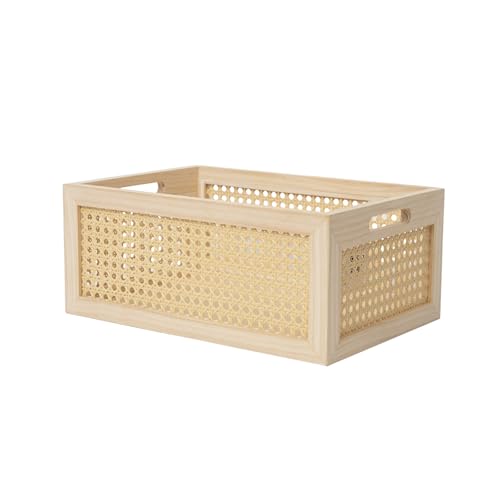 Rattan Storage Basket Wooden Box Wooden Storage Bins Rustic Boho Farmhouse Home Decor Tabletop Desk Shelf Organizer (Original)