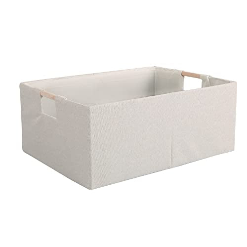 Fabric Storage Bin Box Foldable Cotton Linen Storage Basket with Wooden Handles Rectangular Cube Decorative Home Laundry Organizer Clothes Blanket Container – Beige, Medium - color: Beige, size: Medium
