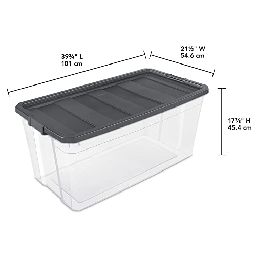 Sterilite 200 Quart Clear Plastic Modular Stacker Storage Bin Tote Container with Latching Lid, Clear Base, and Textured Sure-Grip Surface, Flat Grey