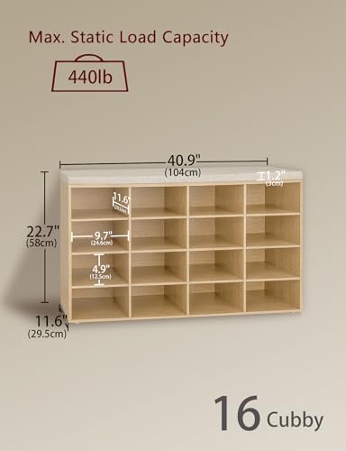 DINZI LVJ Shoe Storage Bench with Cushion, 16-Cubby Shoe Rack, Adjustable Shelves, 40.9" Long Shoe Organizer Bench for Entryway, Mudroom, Hallway, Garage, Natural and Cappuccino Beige - color: Natural, size: 16 Cubby