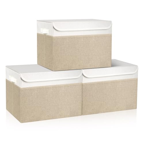 Bagnizer Large 17" 42 Quarts Collapsible Stackable Storage Bins with Lids [3-Pack] Foldable Fabric Linen Storage Boxes Cube, Closet Organizer Baskets with Label (16.7 x 12 x 12, Beige & White) - color: Beige & White, size: Large - 3 Pack