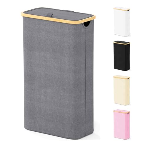 SpaceAid Slim Laundry Hamper with Lid, 65L Narrow Clothes Basket Bin with Bamboo Handles, Skinny Tall Collapsible Hamper for Bedroom, Bathroom, Dorm, Laundry Room - Grey - color: Grey, size: 65 L