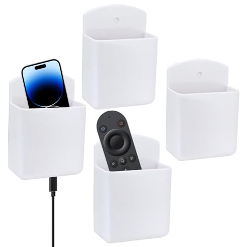 4 Pcs Remote Control Holder, Wall Mount TV Remote Holder Hole Free, Self-Adhesive Storage Box Pen Containers Organizer for Home Office School (White)