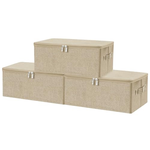 ANMINY 3PCS Storage Bins with Zipper Lids 13 Qt Lidded Fabric Storage Boxes Baskets Cubes with Handles Collapsible Washable Cotton Linen Closet Shelf Clothes Organizer Containers - Beige, Small - color: Beige, size: Small (Pack of 3)