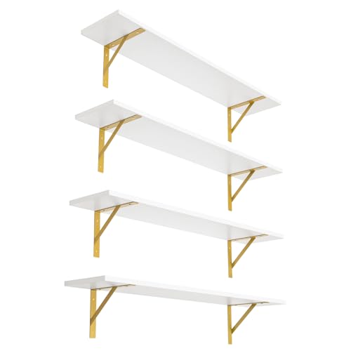 DINZI LVJ Long Wall Shelves, Set of 4, 31.5Inch Wall Mounted Shelves, Floating Shelves for Wall Storage with Metal Brackets, for Living Room, Bathroom, Bedroom, Kitchen, White and Gold - color: White+gold, size: 31.5 Inch (4 Pack)